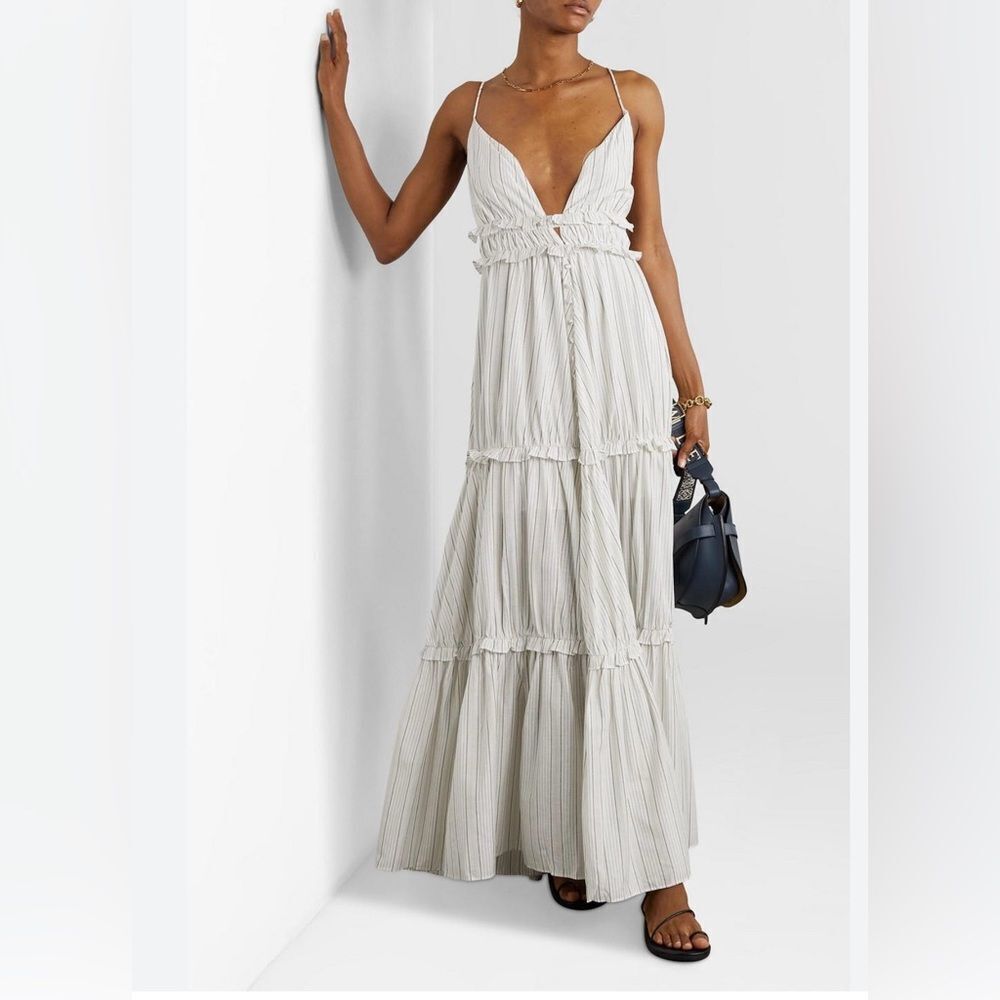 Anthropologie Joslin Studio Liana Cream Boho Tiered Striped Linen Maxi Dress 6